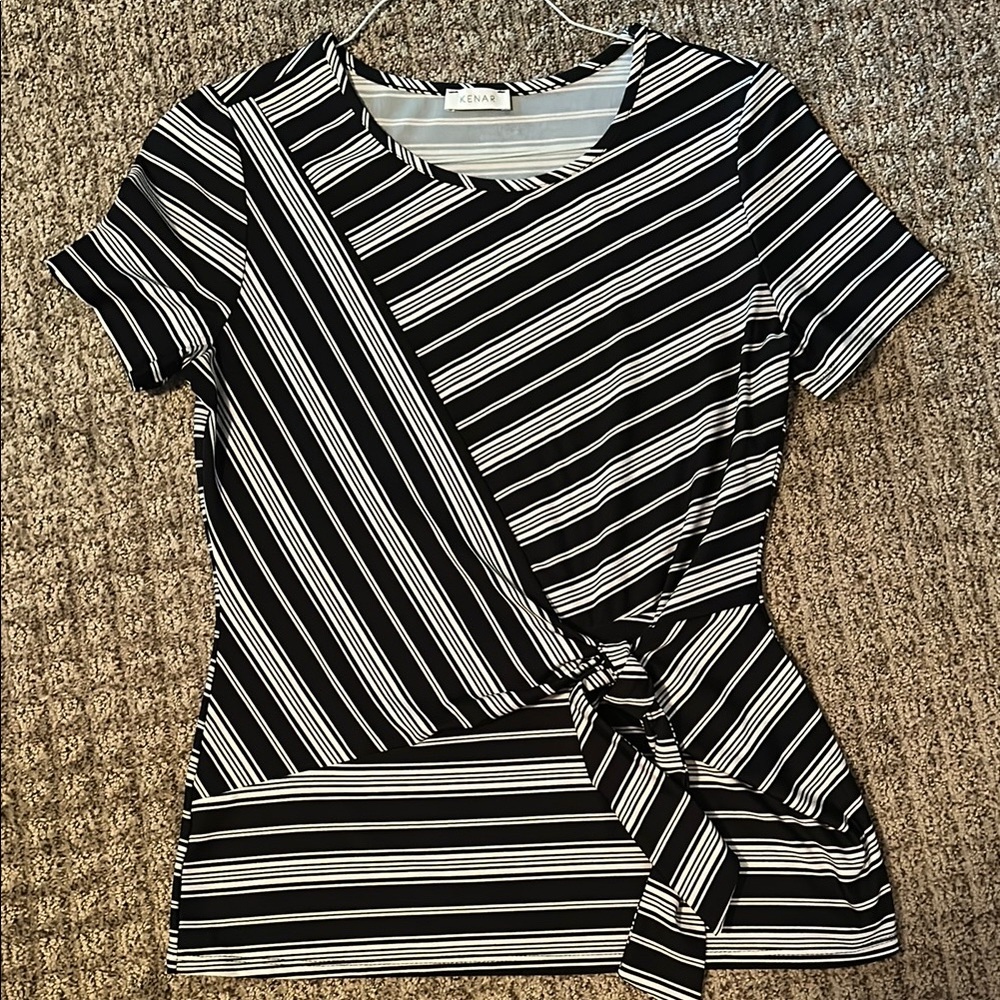 Kenar Black and White Diagonal Stripe Short Sleeve Top